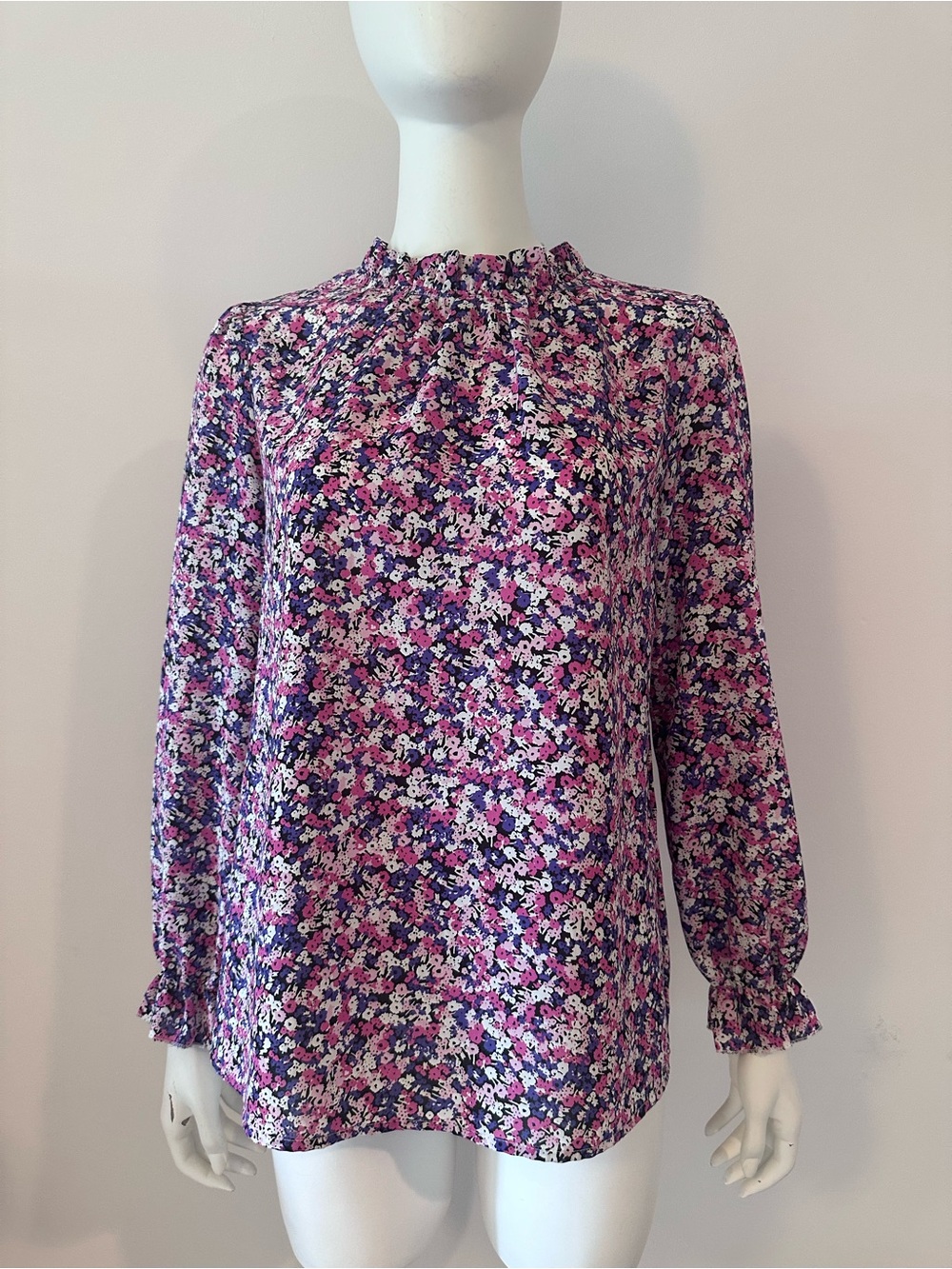 Floral Ruffle-Neck Long Sleeve Top - Purple Lilac Multi Size S